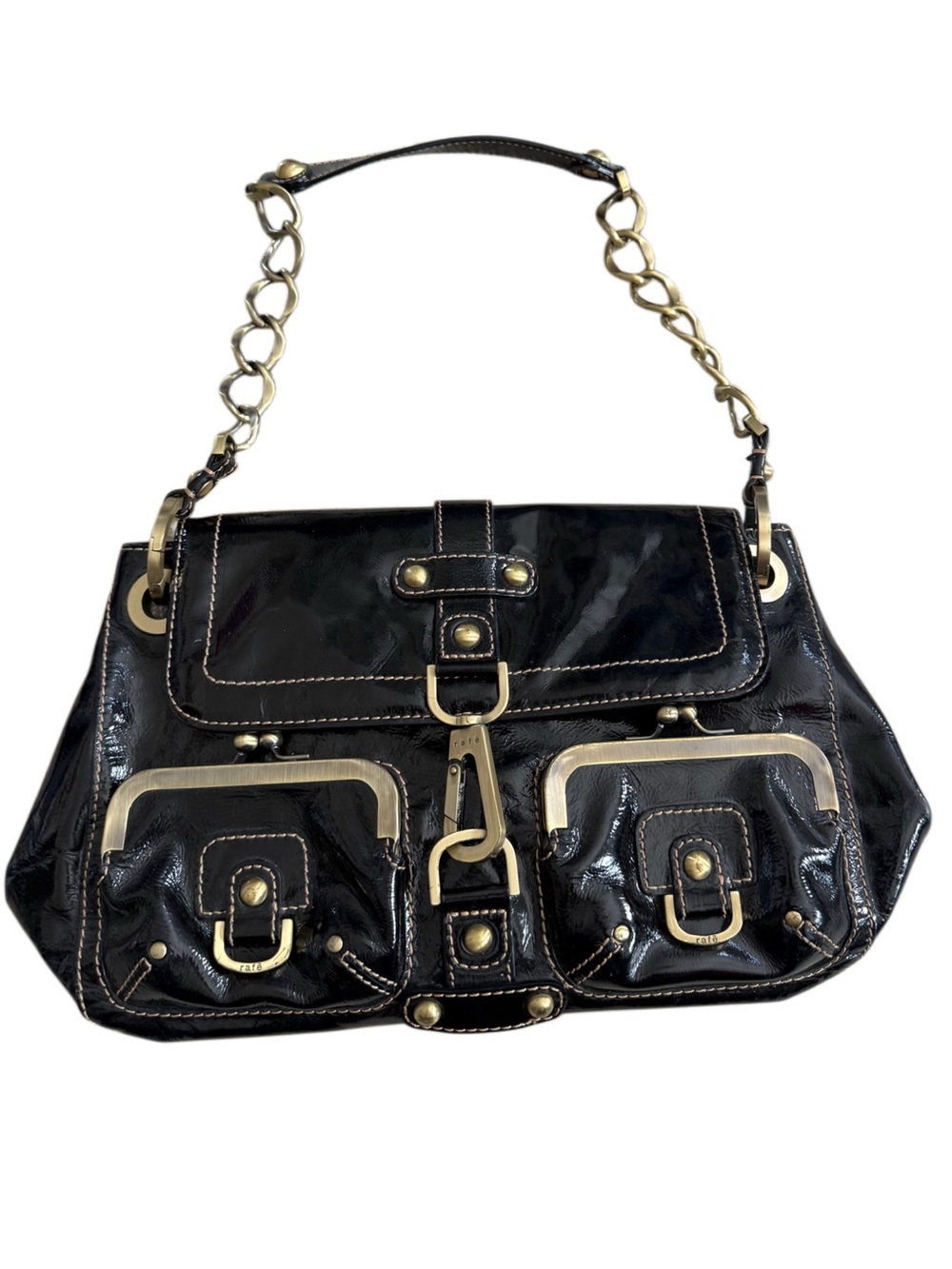 Y2K Rafe New York Black Patent Leather with Gold Hardware Boho Shoulder Bag